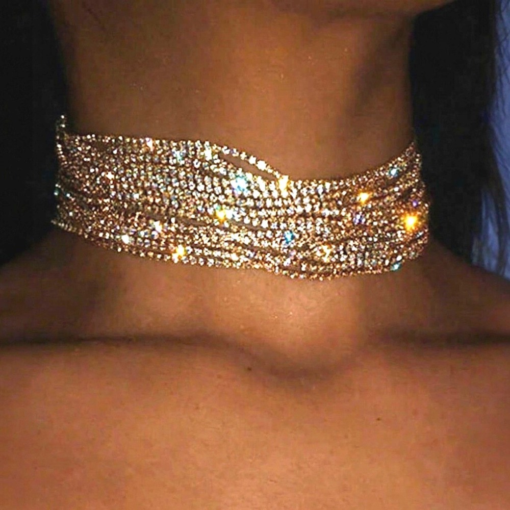 Iridescent Rhinestone Gold Multi-Strand Choker Necklace Sparkling Statement